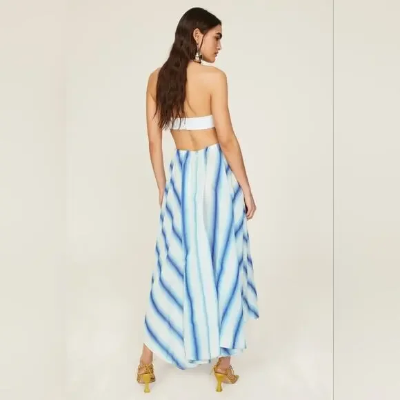 rtr Rosie Assoulin Halter Striped Dress sz6 DESIGNER Blue white hi low open back - Picture 2 of 10
